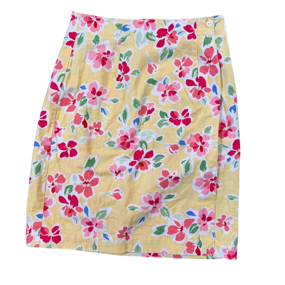 Talbots Womens Yellow Floral Linen Blend Faux Wrap Pencil Skirt Size 10
